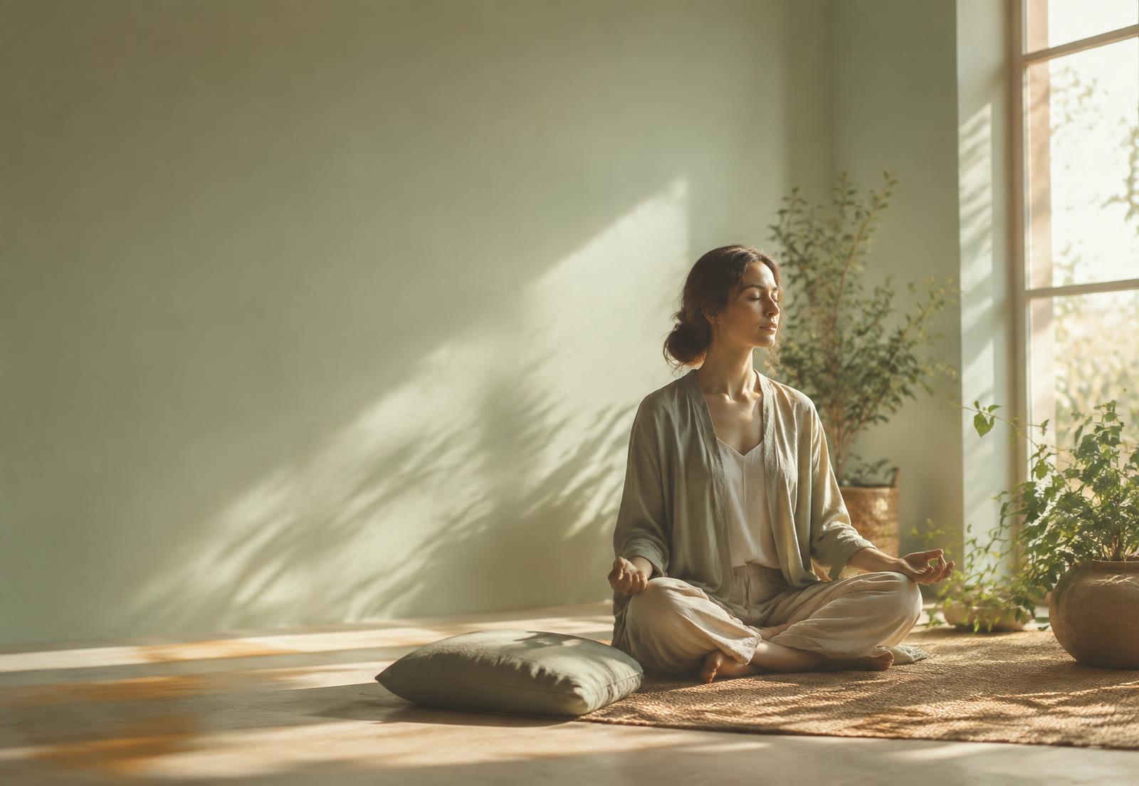 Mujer meditando junto a una ventana